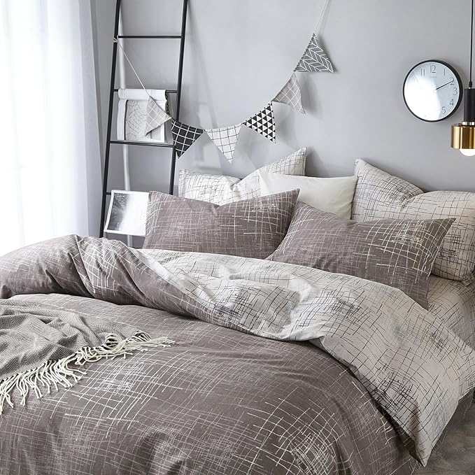 VM VOUGEMARKET Abstract Duvet Cover Queen,100% Cotton Brown Gray Reversible Duvet Cover Set for Men,Teens,Minimalism Modern Bedding Set-Queen,Artwork