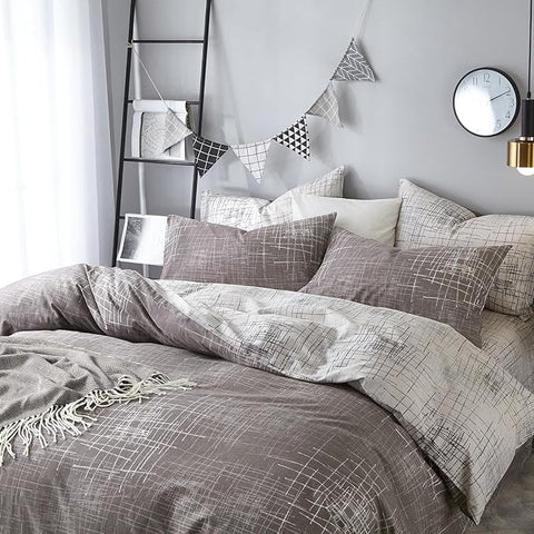 VM VOUGEMARKET Abstract Duvet Cover Queen,100% Cotton Brown Gray Reversible Duvet Cover Set for Men,Teens,Minimalism Modern Bedding Set-Queen,Artwork