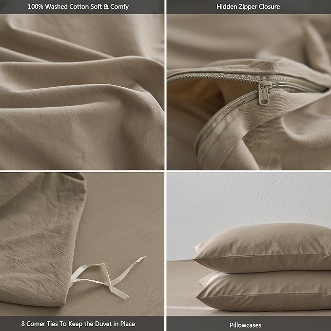MooMee Twin Duvet Cover Set, 100% Washed Cotton Linen Like Twill Thick Sturdy Material Super Soft Breathable Durable Bedding for All Season, 2 Pieces (Mocha Brown, Twin 68"x90")