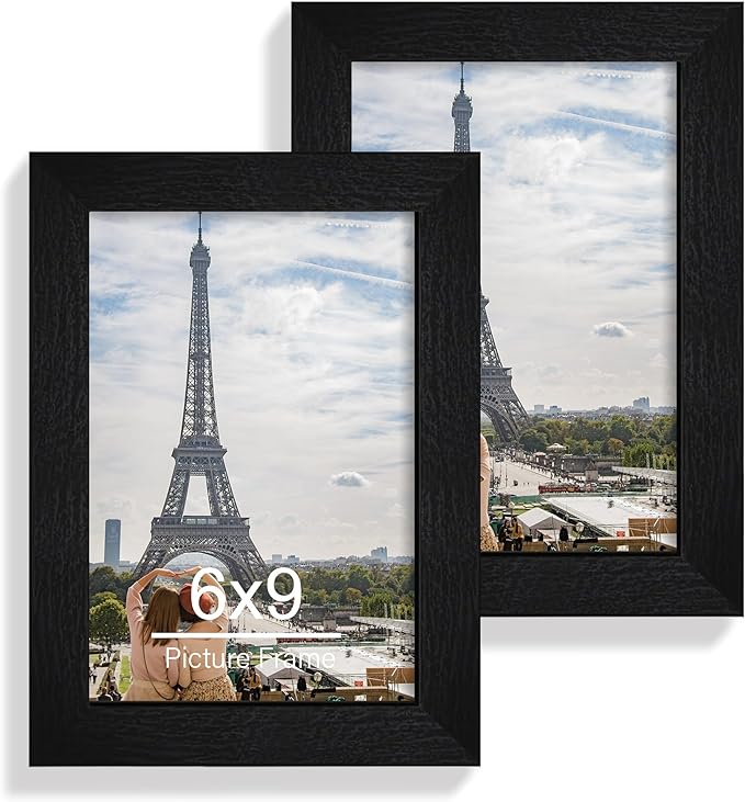 6x9 Picture Frame Set of 2, Made of Real Glass and Rustic Black Wooden Frame - 6 by 9 Photo for Wall or Tabletop Display