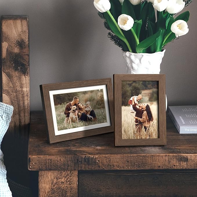 Yaetm 5x7 Picture Frame with Mat for 4x6 – Brown Walnut, Rustic Solid Wood Frame 5 x 7 with Tempered Glass for Art Print & Picture, Display on Tabletop & Wall (Single, Walnut)