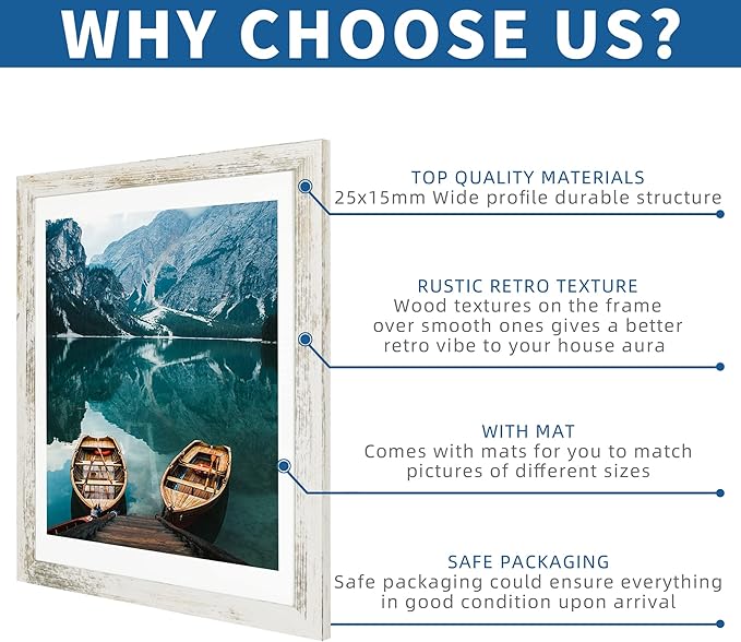 12x16 Picture Frame Set of 2, Distressed White Wood Style - Display 12 x 16 Poster without Mat or 11x14 Picture with Mat, Wall Mounting Horizontal and Vertical