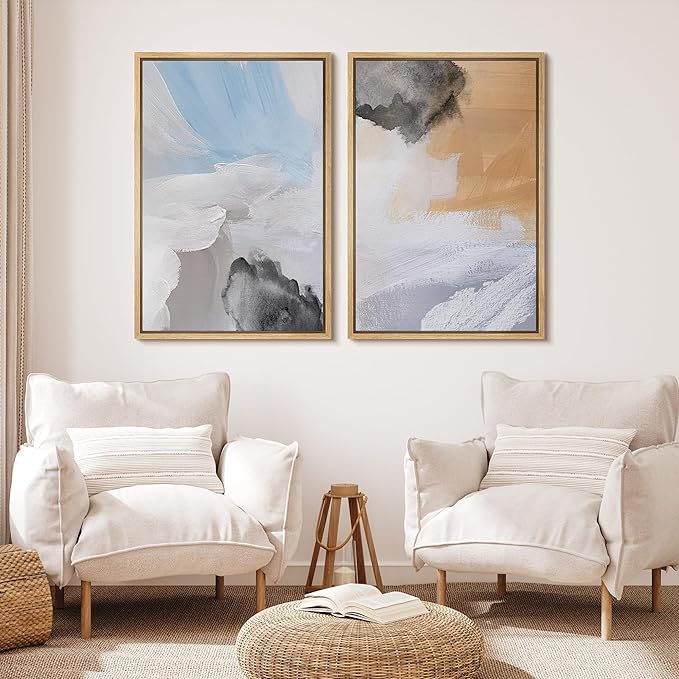MUDECOR Framed Canvas Print Wall Art Abstract Blue Skies and Earth Tones Illustrations Modern Art Decorative Bohemian Colorful Chic for Living Room, Bedroom, Office - 16"x24"x2 NATURAL