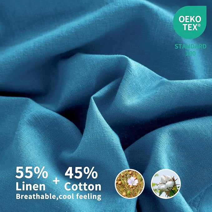 Talasily Linen Sheets-Queen Size Sheets Set,Blend from Linen Cotton Bedsheets,All Seasons Soft Breathable 4 Piece Set-Blue