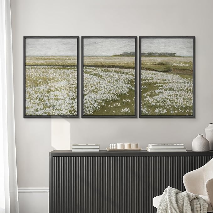 SIGNWIN Framed Canvas Print Wall Art Set White Daisy Flower Country Farm Field Nature Abstract Illustrations Decorative Nordic for Living Room, Bedroom, Office - 24"x36"x3 Black