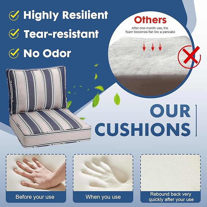 Outdoor Deep Seating Cushion Set, 24" x 24", Waterproof & Fade Resistant Patio Furniture Cushions with Handle, Deep Seat and Back Cushion for Chair and Sofa (3, Blue Stripe)