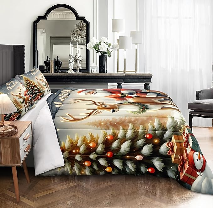 Bedorm Merry Christmas Comforter Set Queen Santa Claus Bedding White Snowflake Cute Deer Snowman Pattern Happy Holiday Christmas Tree Gift Quilt Comforter