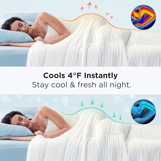Bedsure Cooling Comforter Twin - Cooling Blankets for Hot Sleepers, Lightweight Comforter for Summer with Dual-Sided Cool Tech, Soft Breathable Cold Blanket for Sleeping, White, 68x88 Inches