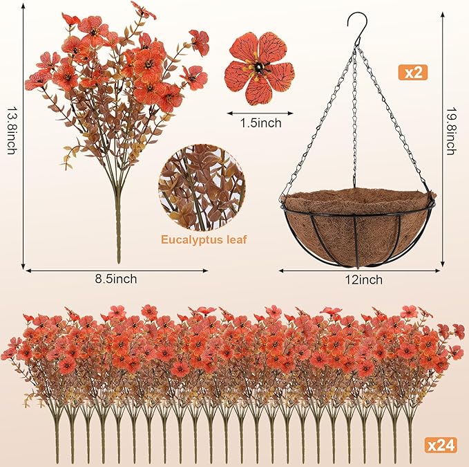 Geegoods 2 Set Artificial Hanging Basket Fall Flowers for Outdoor, Fake Faux UV Resistant Look Real Orange Mums Plants for Autumn Porch Patio Balcony Yard Home Decor