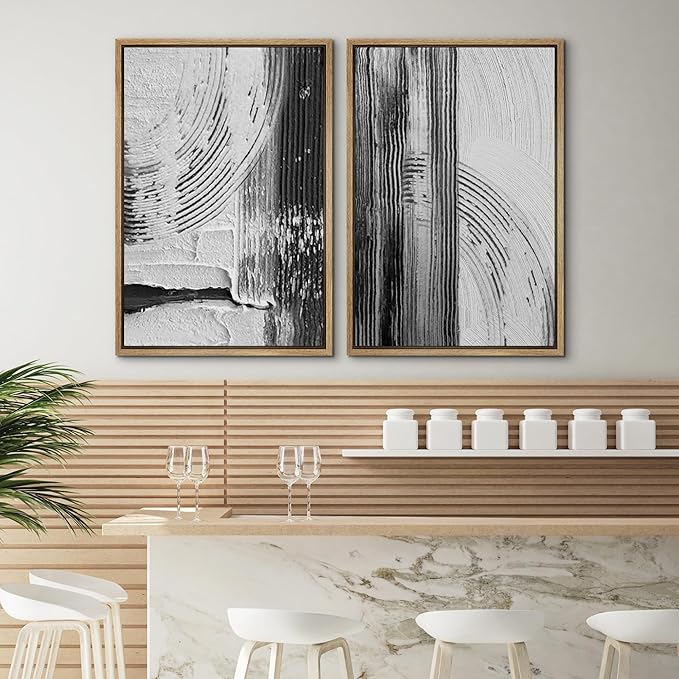SIGNWIN Framed Canvas Print Wall Art Set Black White Industrial Paint Strokes Abstract Shapes Illustrations Modern Art Minimal Decorative Nordic for Living Room, Bedroom, Office - 16"x24"x2 Natural