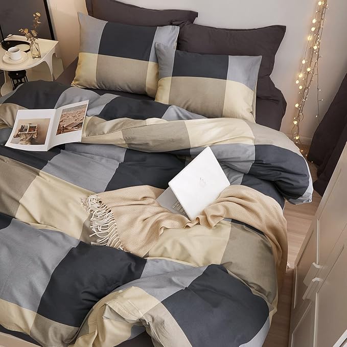 VM VOUGEMARKET Plaid Duvet Cover King,Black Gray Checkered Bedding Set with Zipper Ties,Simple Luxury Boys Men Comforter Cover Set Soft Cotton Home Bedding-104x90