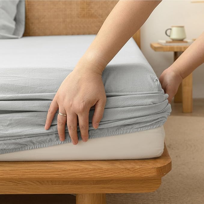 BESTOUCH Sheet Set 100% Washed Cotton Linen Feel Super Soft Comfortable Chic Lightweight 3 Pcs Home Bedding Set Solid Northern Droplet Grey Twin