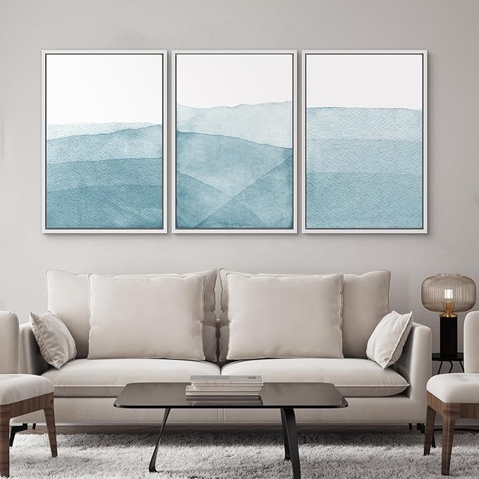 SIGNWIN 3 Piece Framed Canvas Wall Art Blue Wash Brushstroke Watercolor Nature Wilderness Illustrations Abstract Traditional Home Artwork Decoration for Living Room,Bedroom - 16"x24"x3 White
