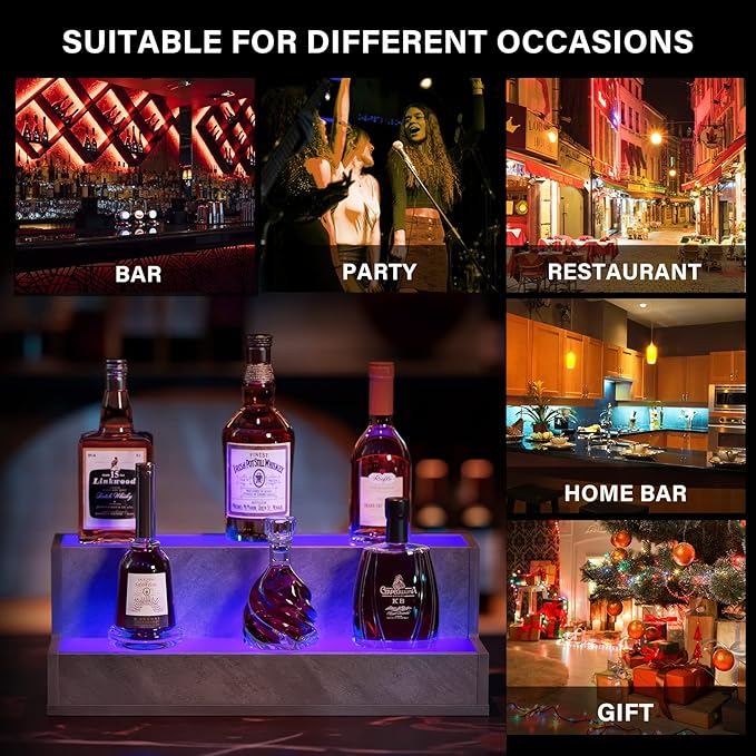 LED Lighted Bar Shelves, 20 Inch Bar Display Shelf, Liquor Bottle Display Shelf with App & Remote Control, 2 Step Freestanding Holding Bottles for Home Bar, Party, Grey