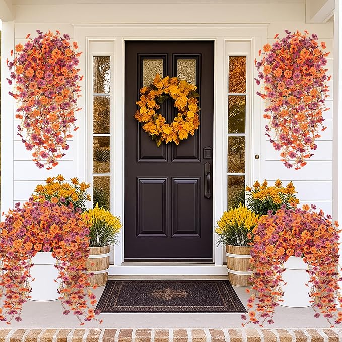 4PCS Fall Artificial Hanging Flowers Plants for Outdoors, 4Pcs Faux Silk Flowers with Eucalyptus Leaves, Fake Fall Flowers for Autumn Home Patio Porch Outside Decor (Orange Red)