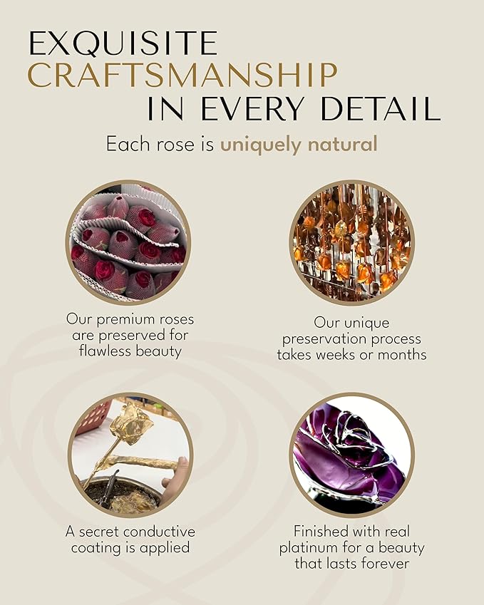 Forever Rose Real 2-Tone Purple Rose with Platinum Trimmed Petals and Platinum Stem, Handcrafted Preserved Rose in Luxury Gold Gift Box, Romantic Gift for Her, Elegant Gift for Any Occasion