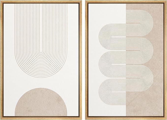 MUDECOR Framed Canvas Print Wall Art Set Pastel Tan White Geometric Wave Ribbons Abstract Shapes Illustrations Modern Art Decorative Contemporary for Living Room, Bedroom, Office - 24"x36"x2 Natural