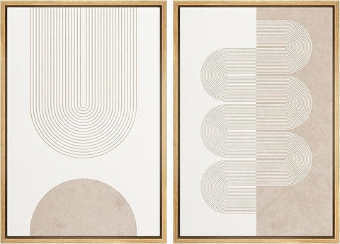 MUDECOR Framed Canvas Print Wall Art Set Pastel Tan White Geometric Wave Ribbons Abstract Shapes Illustrations Modern Art Decorative Contemporary for Living Room, Bedroom, Office - 24"x36"x2 Natural
