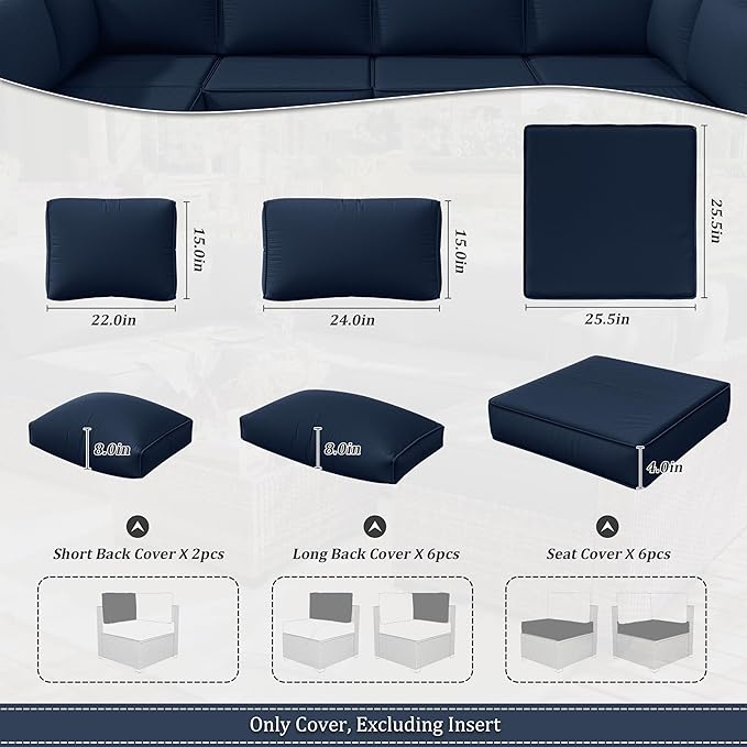 14 Pcs Outdoor Cushion Slipcovers Outdoor Patio Cushion Covers Replacement Waterproof with Zipper for Outdoor Furniture, Patio Sofa Couch 3 Sizes, Covers Only