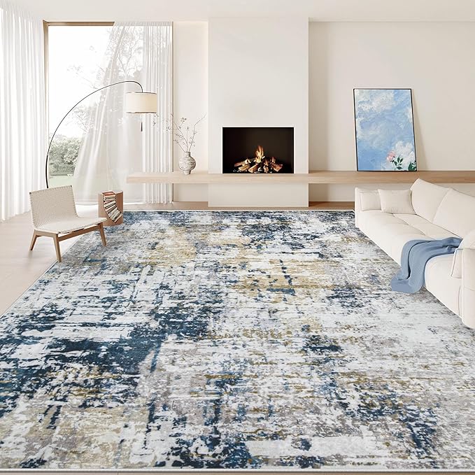 9x12 Area Rugs for Living Room: Washable Modern Abstract Rug Large Soft Non Slip Living Room Rug Indoor Low Pile Carpet for Bedroom Dining Room Home - Blue Grey Brown