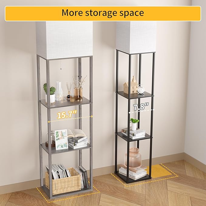 Dott Arts Floor Lamp with Shelves, Wide Floor Lamps for Living Room Display Shelf Lamps with 3 Color LED Bulb,Storage Wood Modern Floor Lamp for Bedroom Standing Lamp for Living Room Office（Grey）