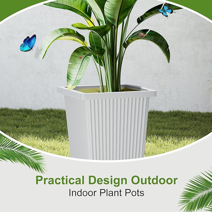 24-Inch Tall Planters Set of 2 for Outdoor and Indoor Use, Tapered Flower Pots with Drainage Tray, Front Porch and Patio Decor, Ideal for Large Plants (Stripes-White)