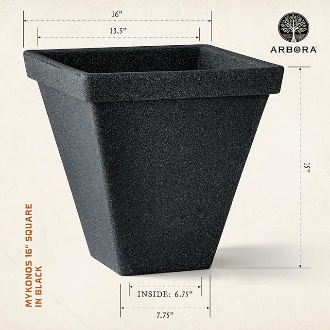 ARBORA 16" Mykonos Square Polyresin Indoor and Outdoor Planter with Classic Black Finish - Durable, Weatherproof, Lightweight, Large Plant Pot for Patio, Garden, Deck, Entryway