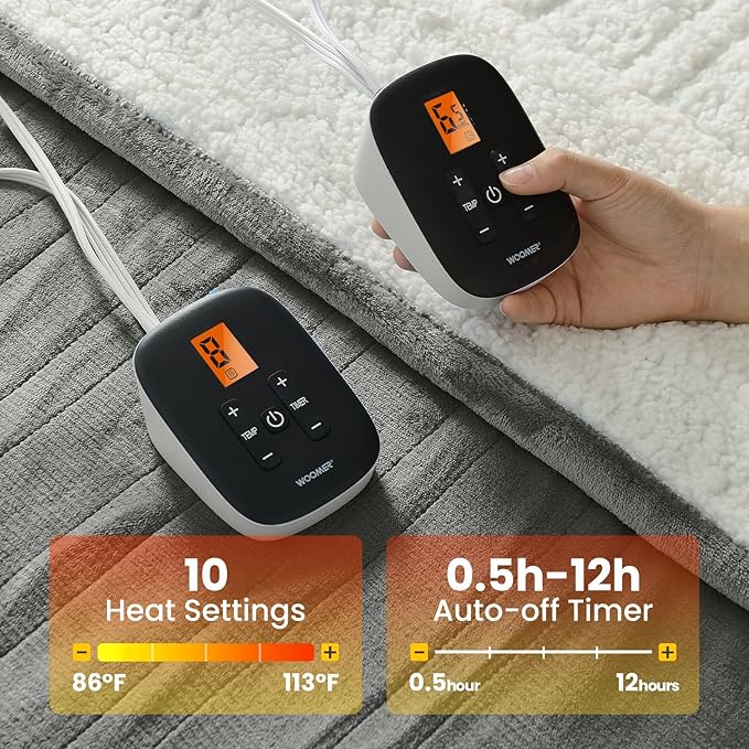 WOOMER Electric Heated Throw Blanket, Soft Flannel Fast Heating Bed Blanket with Multi-Color Option, Queen Size 84"x 90", 10 Heating Levels & 0.5-12H Auto Off, Over-Heat Protection