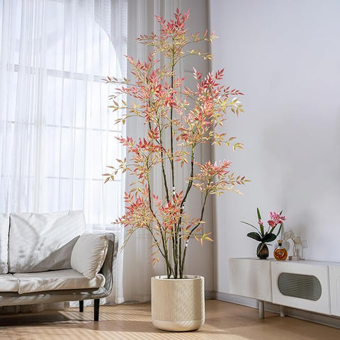 7.2ft Faux Bamboo Tree Artificial Nandina Tree Artificial Indoor Plants Realistic Fake Potted Tree with 800+ Leaves, Cement Planter - Home Office Decor Perfect for Housewarming Gift Non-Toxic