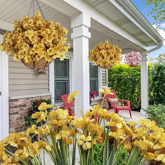 BIHRTC Artificial Hanging Plants Flowers Faux Autumn Yellow Morning Glory Look Real Orange Daisy Flowers Hang Planter for Porch Patio Balcony Home Outside Garden Decoration