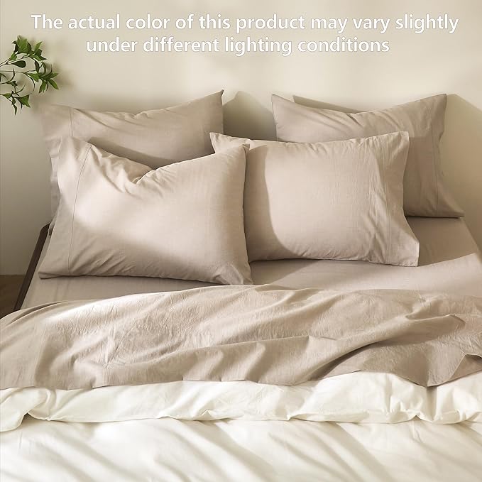 100% Cotton 6-Piece Queen Size 102" x 90" Bedding Set - Fitted Sheet, Flat Sheet & 4 Pillowcases with 17" Deep Pocket,Soft Breathable Bed Sheets for Cozy Sleep,Linen Grey