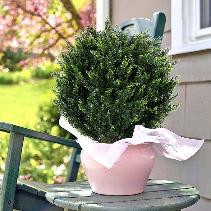 21''T Artificial Cedar Topiary Ball Tree 2 Pack, Outdoors Artificial Shrubs Fake Plants Uv Rated Potted Plants for Outdoor, Indoor, Front Door, Office Decor.