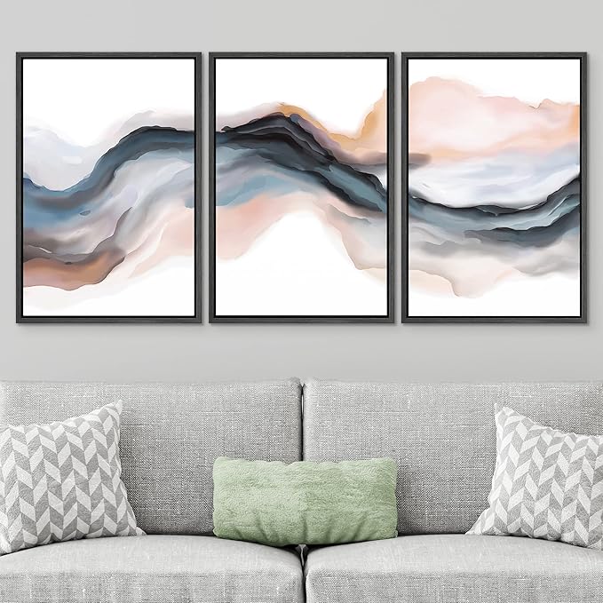 SIGNWIN Framed Canvas Print Wall Art Set Pastel Watercolor Blue Brown Ink Wave Smoke Landscape Abstract Shapes Illustrations Modern Art Decorative for Living Room, Bedroom, Office - 24"x36"x3 Black