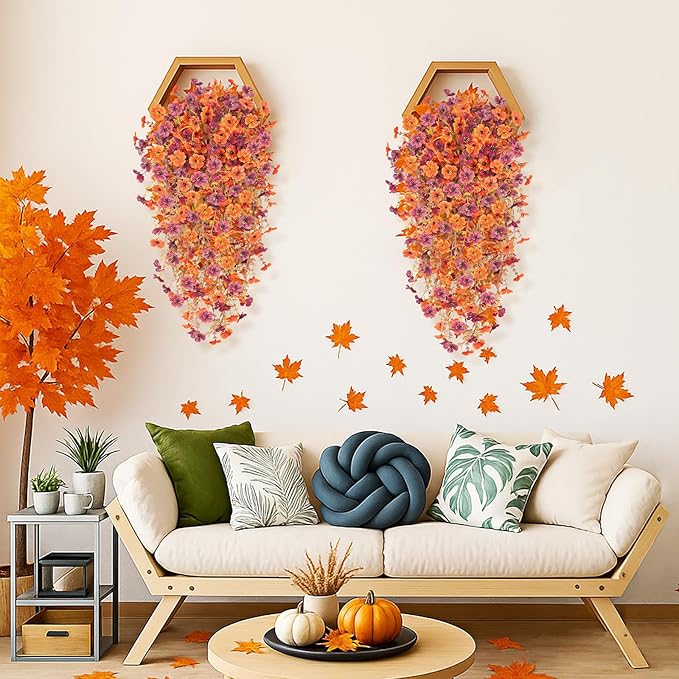 4PCS Fall Artificial Hanging Flowers Plants for Outdoors, 4Pcs Faux Silk Flowers with Eucalyptus Leaves, Fake Fall Flowers for Autumn Home Patio Porch Outside Decor (Orange Red)