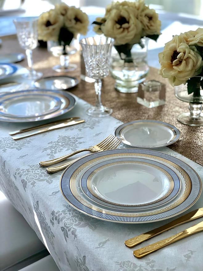 " OCCASIONS " 240 Plates Pack,(120 Guests) Heavyweight Premium Disposable Plastic Plates Set -120 x 10.5'' Dinner + 120 x 7.5'' Salad/Dessert (Louvre Blue/Gold)
