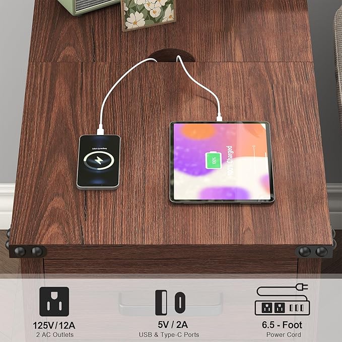 Farmhouse End Table with Charging Station and 1 Storage Cabinet, 1 Drawer, Cherry Wood Nightstand Narrow, Skinny Side Table, Slim Bedside Table, Small Nightstand for Bedroom, Living Room, Sofa