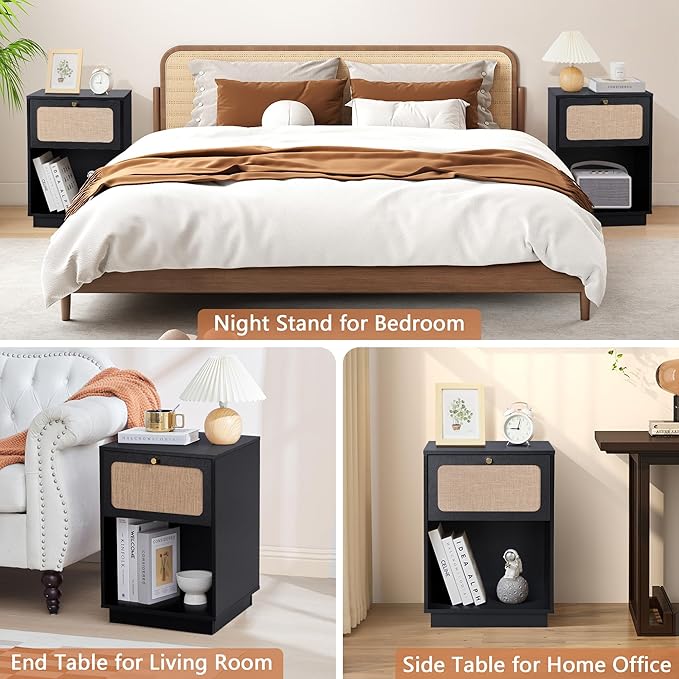 AVZEAR Mid Century Night Stand Set of 2, Modern Nightstand with Drawer & Curved Linen Panel, Farmhouse End Table Wood Bedside Table Small Sides Tables for Small Space, Bedroom(Black)