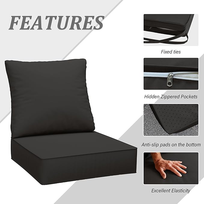 Outdoor Seat Cushion Set 24 x 24 x6.5 Inch Splash-Proof & Fade Resistant Patio Furniture Cushions with Removable Cover Deep Seat & Back Cushion with Straps for Chair Sofa Couch