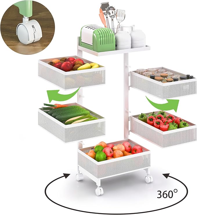 Fruit Basket for Kitchen No Assembly, Rolling Rotating Storage Cart,Bathroom Shelf,Mobile Metal Utility Storage Cart,Potato and Onion Storage Drawer Cart(Bright White, 5 Tier-Square)