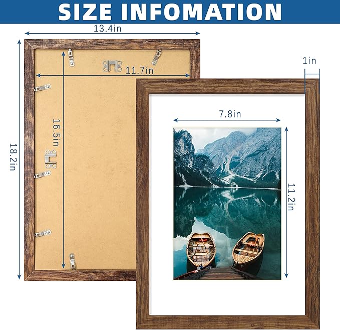 A3 Frame Set of 2, Rustic Brown Wood Style - Display Pictures A4 with Mat or 11.7x16.5 without Mat, Wall Mounting Horizontal and Vertical