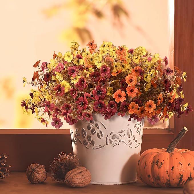 Artificial Fake Hanging Baskets Fall Flowers for Outdoors Decoration, Faux Silk Mums Plants UV Resistant Look Real Outside Yard Patio Front Porch Garden Balcony Home Autumn Decor (Orange Yellow Brown)