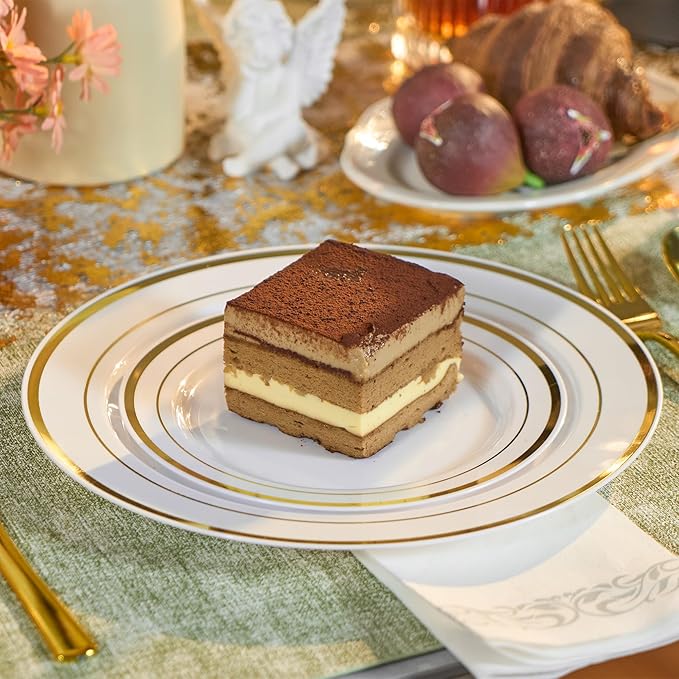 350 Pieces Gold Disposable Plates for 50 Guests, Disposable Plastic Plates for Party, Wedding, Dinnerware Set of 50 Dinner Plates, 50 Salad Plates,50 Cups and 50 Paper Napkins, Gold