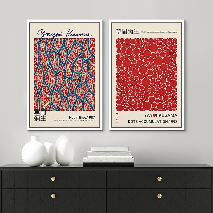 MUDECOR Framed Canvas Print Wall Art Blue Red Dots by Yayoi Kusama Japanese Nature Illustration Modern Art Decorative Multicolor Geometric Minimal for Bedroom - 24"x36"x2 White