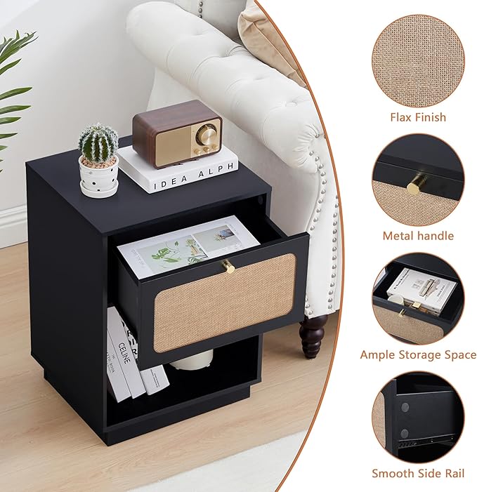 AVZEAR Mid Century Night Stand Set of 2, Modern Nightstand with Drawer & Curved Linen Panel, Farmhouse End Table Wood Bedside Table Small Sides Tables for Small Space, Bedroom(Black)