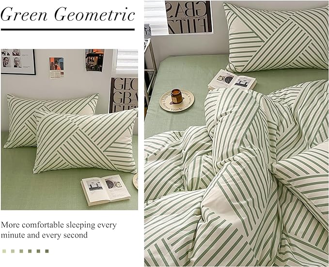 VM VOUGEMARKET Green Stripes Duvet Cover King,Instagram Style Geometric Duvet Cover with Zipper Ties 100% Cotton Modern Fashion Bedding Set for Teens Adults