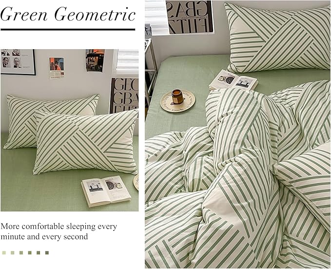 VM VOUGEMARKET Cotton Duvet Cover Set Queen,Green Stripes Geometric Bedding Set (1 Stripes Duvet Cover+2 Pillowcases) Simple Modern Men Comforter Cover with Zipper Closure