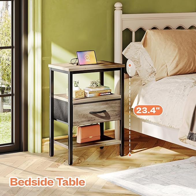 SUPERJARE Nightstand with Charging Station, Bed Side Table with Adjustable Fabric Drawer, Night Stand for Bedroom, 3-Tier Storage End Table, for Living Room, Oak