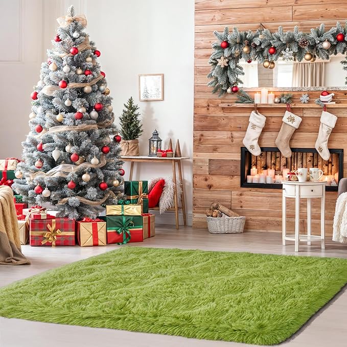 Green Rug for Bedroom, 2x3 Fluffy Area Rugs for Kids Playroom, Furry Carpet for Nursery Room, Shaggy Rug for Teen Living Room, Thick Fuzzy Plush Rug for Dorm, Cute Room Decor for Baby