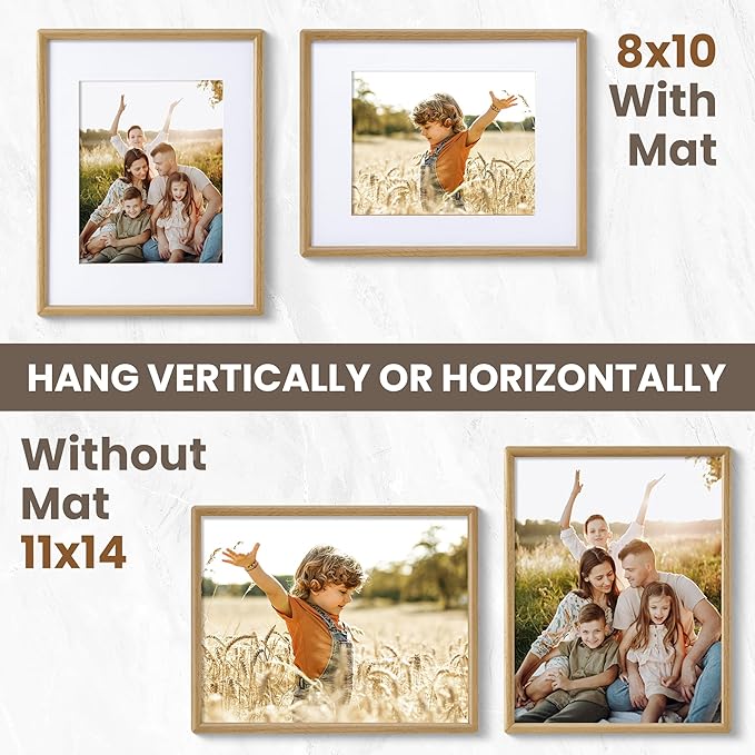 11x14 Picture Frame - Solid Oak Wood Picture Frames with HD Tempered Glass, Handcrafted Rounded Corner 11 x 14 Wooden Frame Matted to 8x10 Photos, Horizontal or Vertical Wall Display, 1 Pack
