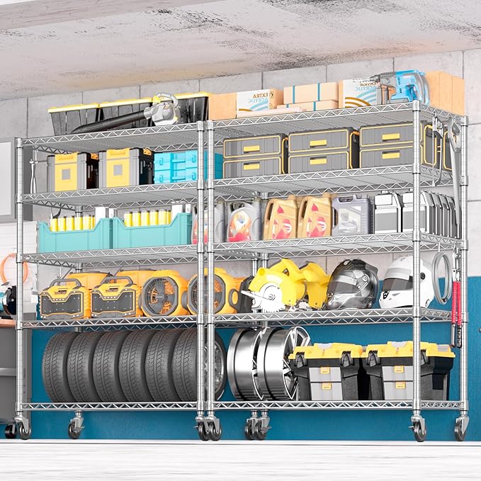 PrimeZone 4 Pack 48" W Wire Shelving Heavy Duty with Wheels,5 Tier Adjustable Garage Storage Shelves Unit,Rolling Metal Organizer Shelf Utility Rack Warehouse,Pantry,Chrome 48" Wx24 Dx81 H
